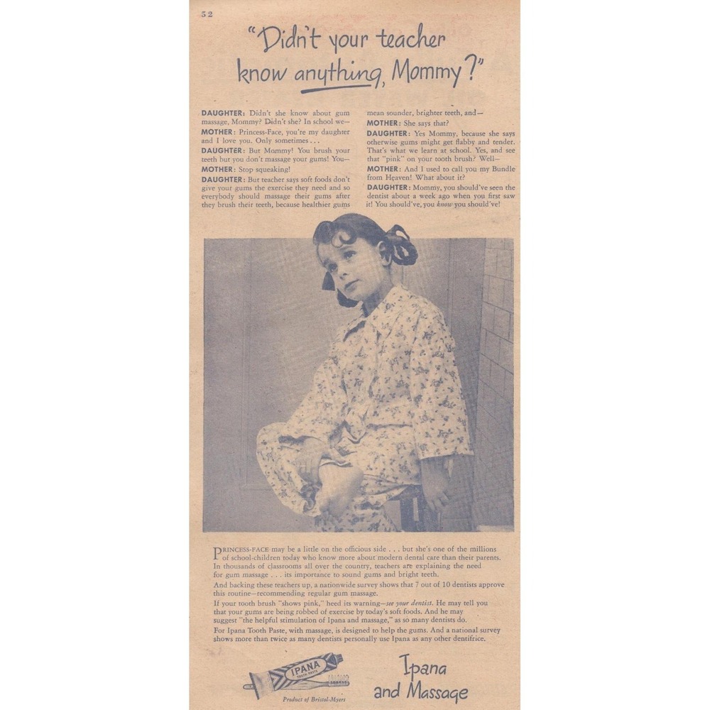 Ipana‎ Toothpaste Gum Massage Mid Century Modern Dental Vintage Print Ad 1946